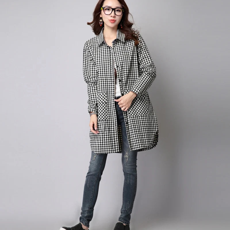 IMIEMIE 2024 Spring Autumn New Long Sleeved Checkered Casual Shirt for Women Mid Length Bottom Loose Size Cardigan Trendy Plaid Coat Top