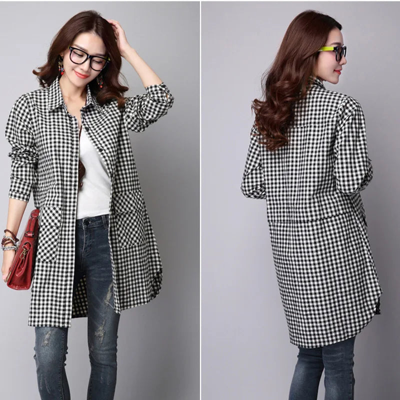 IMIEMIE 2024 Spring Autumn New Long Sleeved Checkered Casual Shirt for Women Mid Length Bottom Loose Size Cardigan Trendy Plaid Coat Top