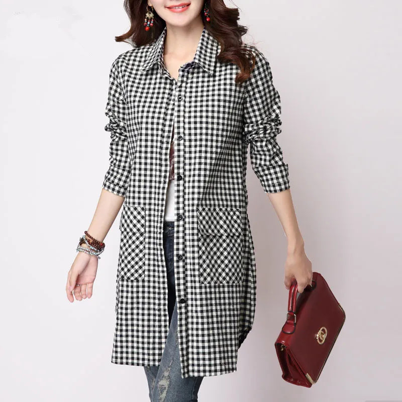 IMIEMIE 2024 Spring Autumn New Long Sleeved Checkered Casual Shirt for Women Mid Length Bottom Loose Size Cardigan Trendy Plaid Coat Top