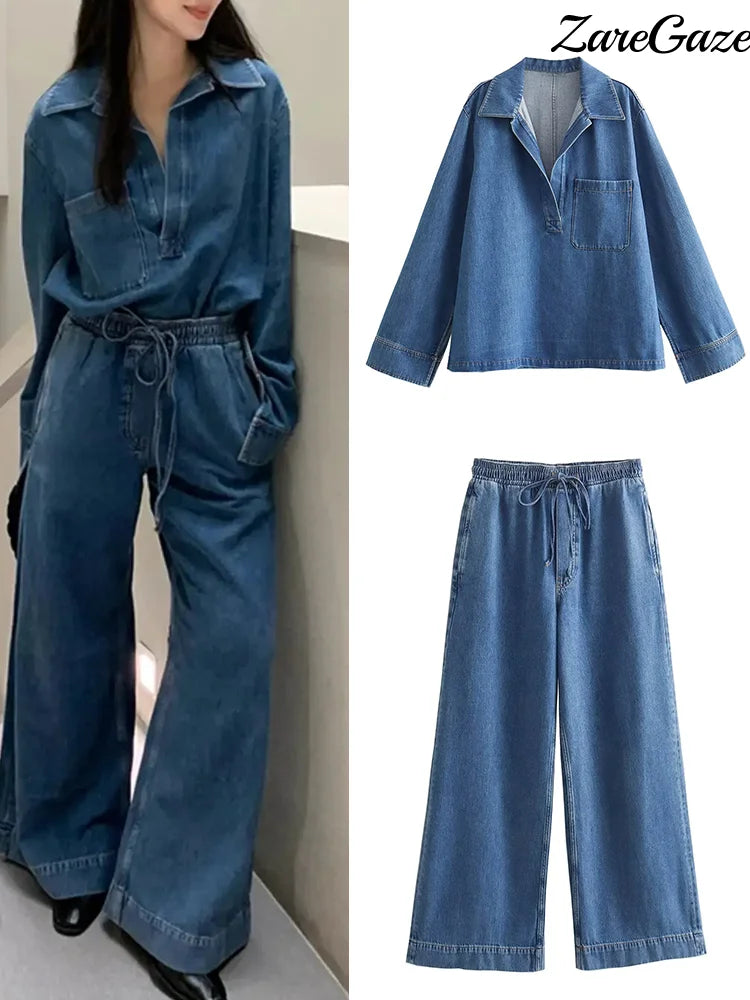 IMIEMIE 2024 Spring Casual Denim Top Pants Sets Women Long Sleeve Turndown Collar Pullover Wide Leg Pant Female Suit Summer Lady Outfits