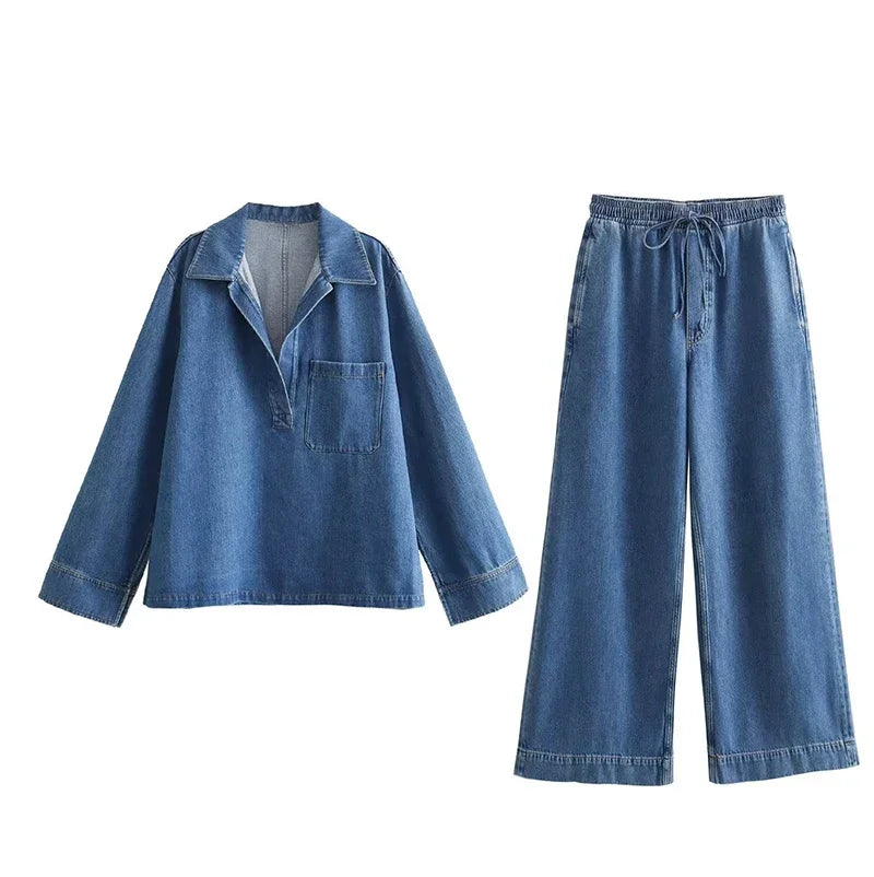 IMIEMIE 2024 Spring Casual Denim Top Pants Sets Women Long Sleeve Turndown Collar Pullover Wide Leg Pant Female Suit Summer Lady Outfits