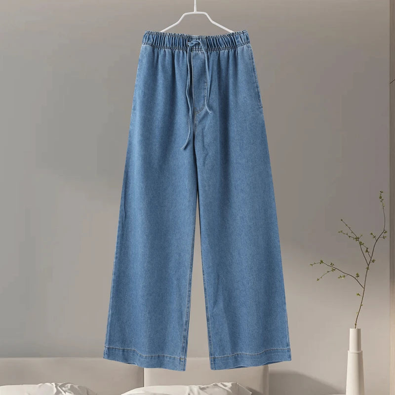 IMIEMIE 2024 Spring Casual Denim Top Pants Sets Women Long Sleeve Turndown Collar Pullover Wide Leg Pant Female Suit Summer Lady Outfits