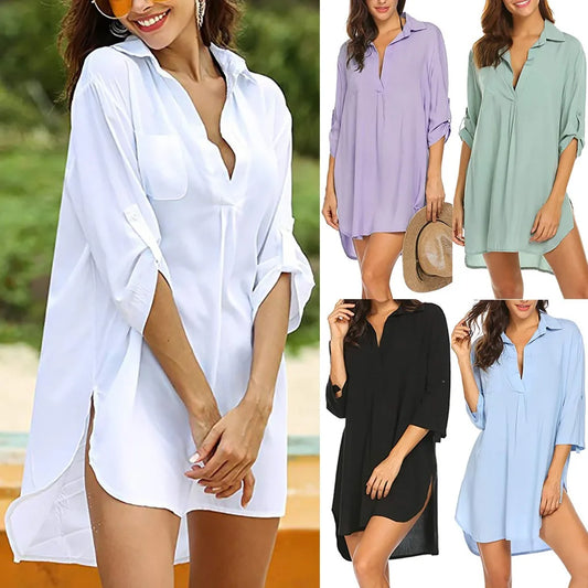 IMIEMIE 2024 Spring/Summer AliExpress Wish European and American women's deep V-neck fashionable beach sun protection swimsuit shirt dre