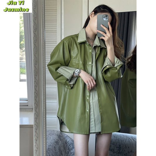 IMIEMIE 2024 Spring/Summer Fashionable Style Avocado Green Long Sleeved Shirt Women's Thin Loose Solid PU Coat Shirt