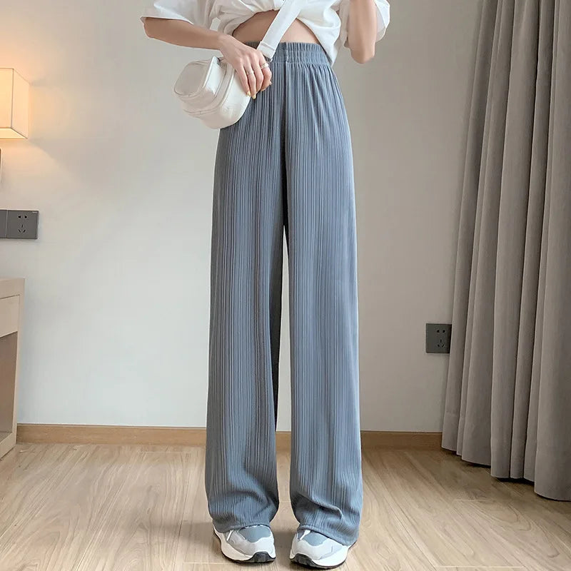 IMIEMIE 2024 Spring Summer Ice Silk Wide Leg Pants for Women Korean Thin Chiffon High Waist Saggy Loose Straight Casual Fashion Trousers