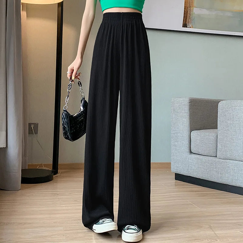 IMIEMIE 2024 Spring Summer Ice Silk Wide Leg Pants for Women Korean Thin Chiffon High Waist Saggy Loose Straight Casual Fashion Trousers