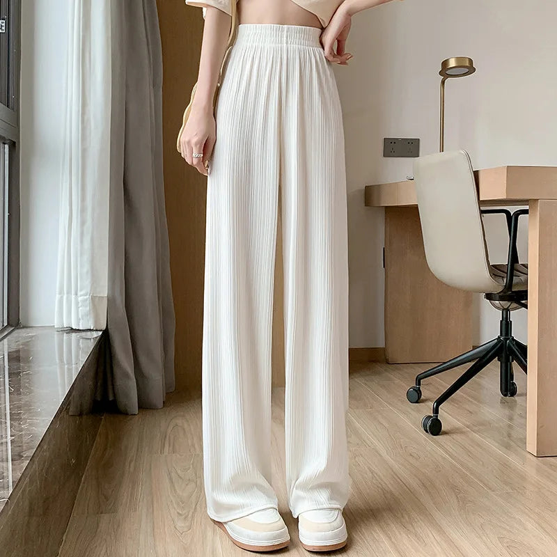 IMIEMIE 2024 Spring Summer Ice Silk Wide Leg Pants for Women Korean Thin Chiffon High Waist Saggy Loose Straight Casual Fashion Trousers