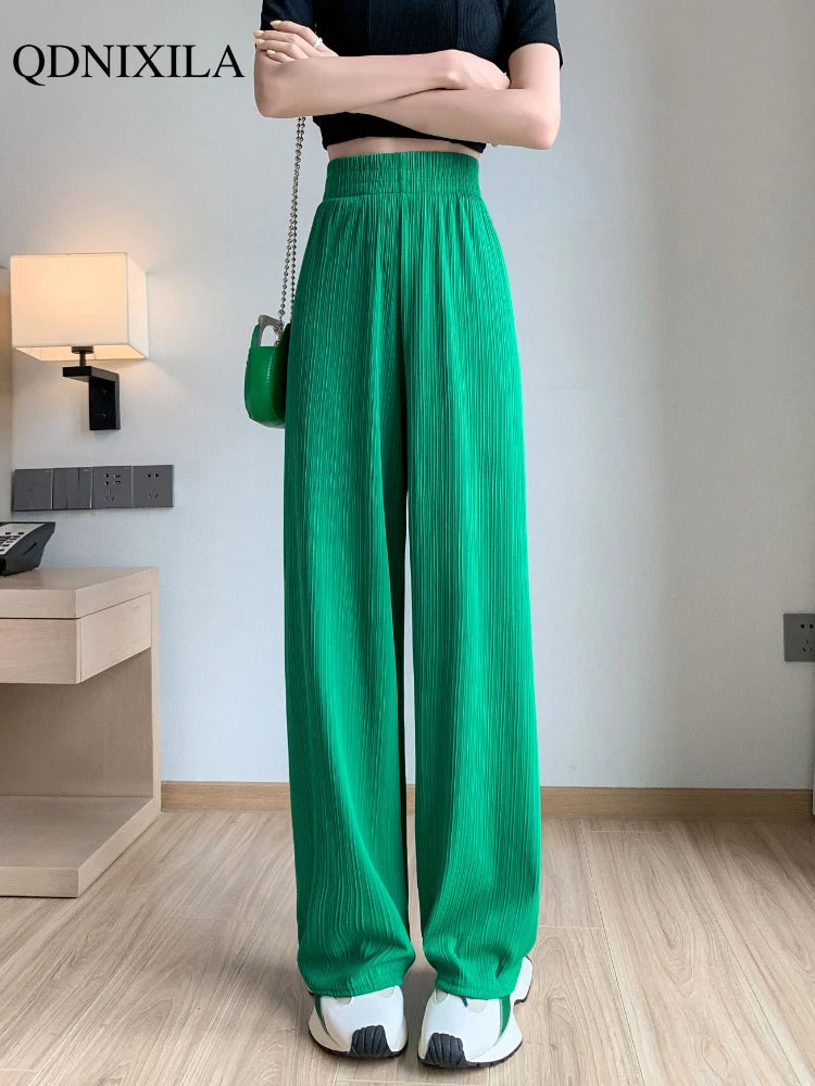 IMIEMIE 2024 Spring Summer Ice Silk Wide Leg Pants for Women Korean Thin Chiffon High Waist Saggy Loose Straight Casual Fashion Trousers