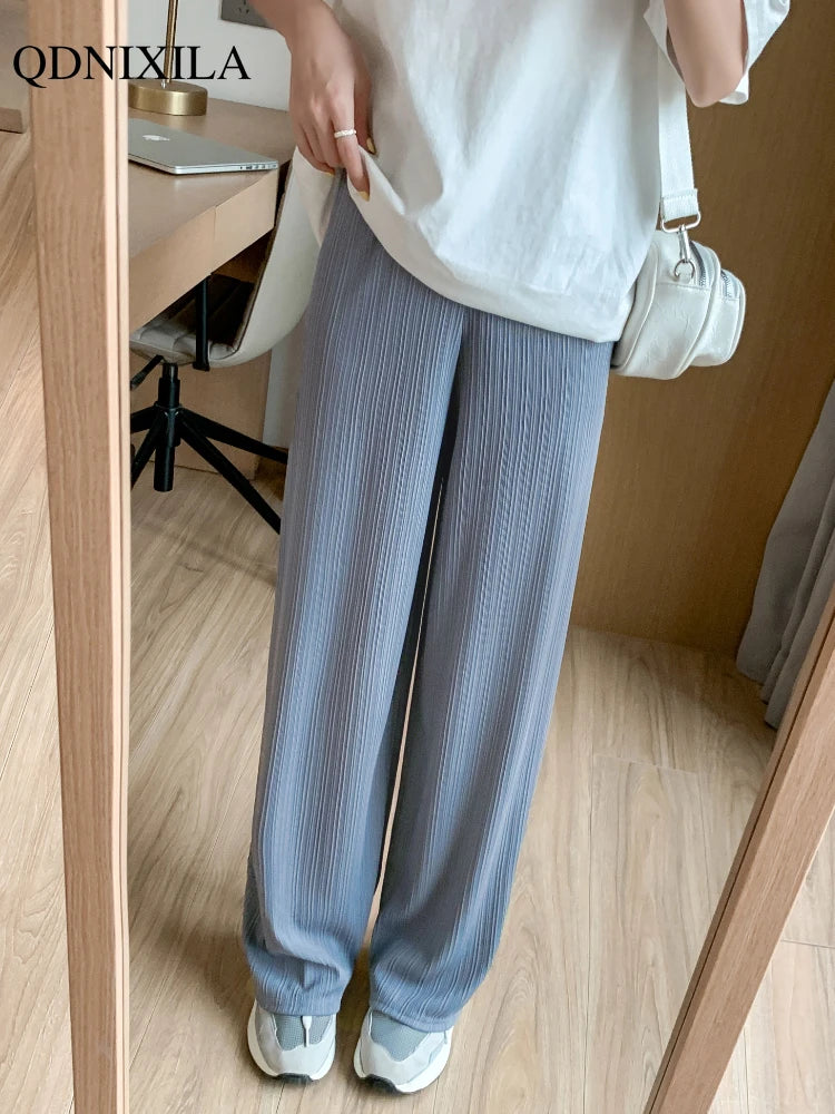 IMIEMIE 2024 Spring Summer Ice Silk Wide Leg Pants for Women Korean Thin Chiffon High Waist Saggy Loose Straight Casual Fashion Trousers