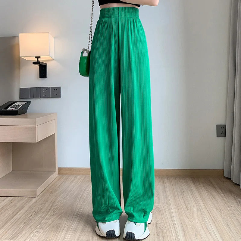 IMIEMIE 2024 Spring Summer Ice Silk Wide Leg Pants for Women Korean Thin Chiffon High Waist Saggy Loose Straight Casual Fashion Trousers