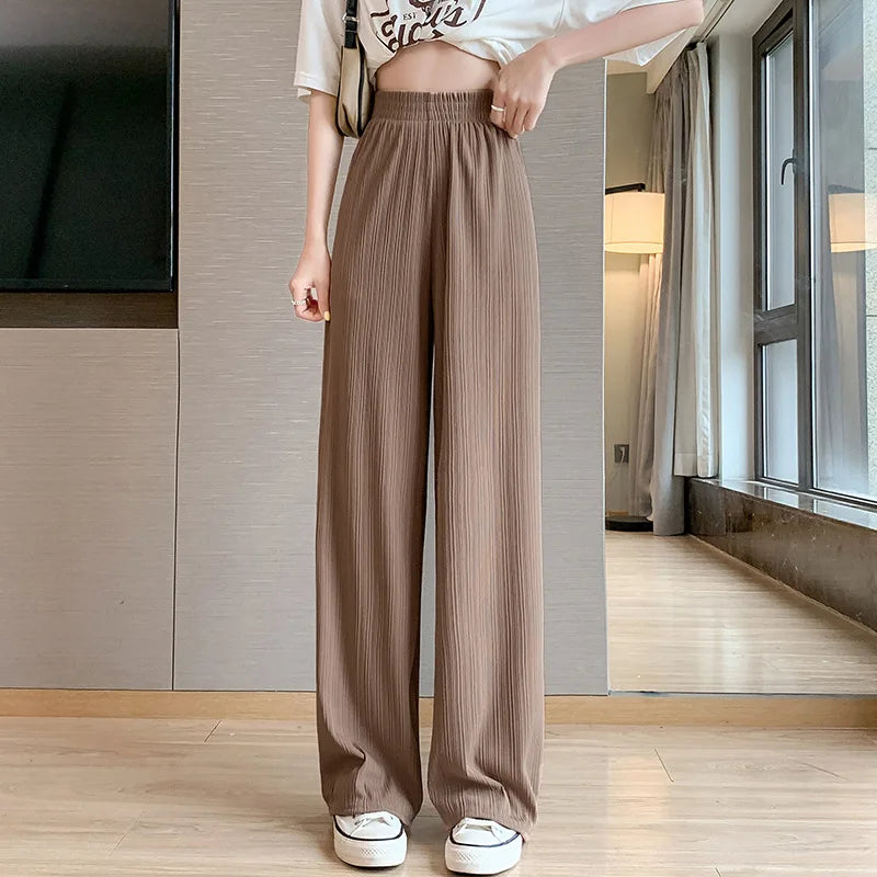 IMIEMIE 2024 Spring Summer Ice Silk Wide Leg Pants for Women Korean Thin Chiffon High Waist Saggy Loose Straight Casual Fashion Trousers