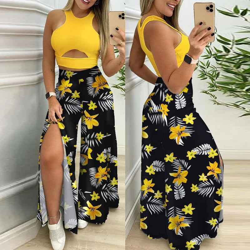 IMIEMIE 2024 Spring Summer Sleeveless Vest Suit Set Women Slim Tight Hollow T-shirt+Wide Leg Split Pants Outfits Casual Loose Two Pieces