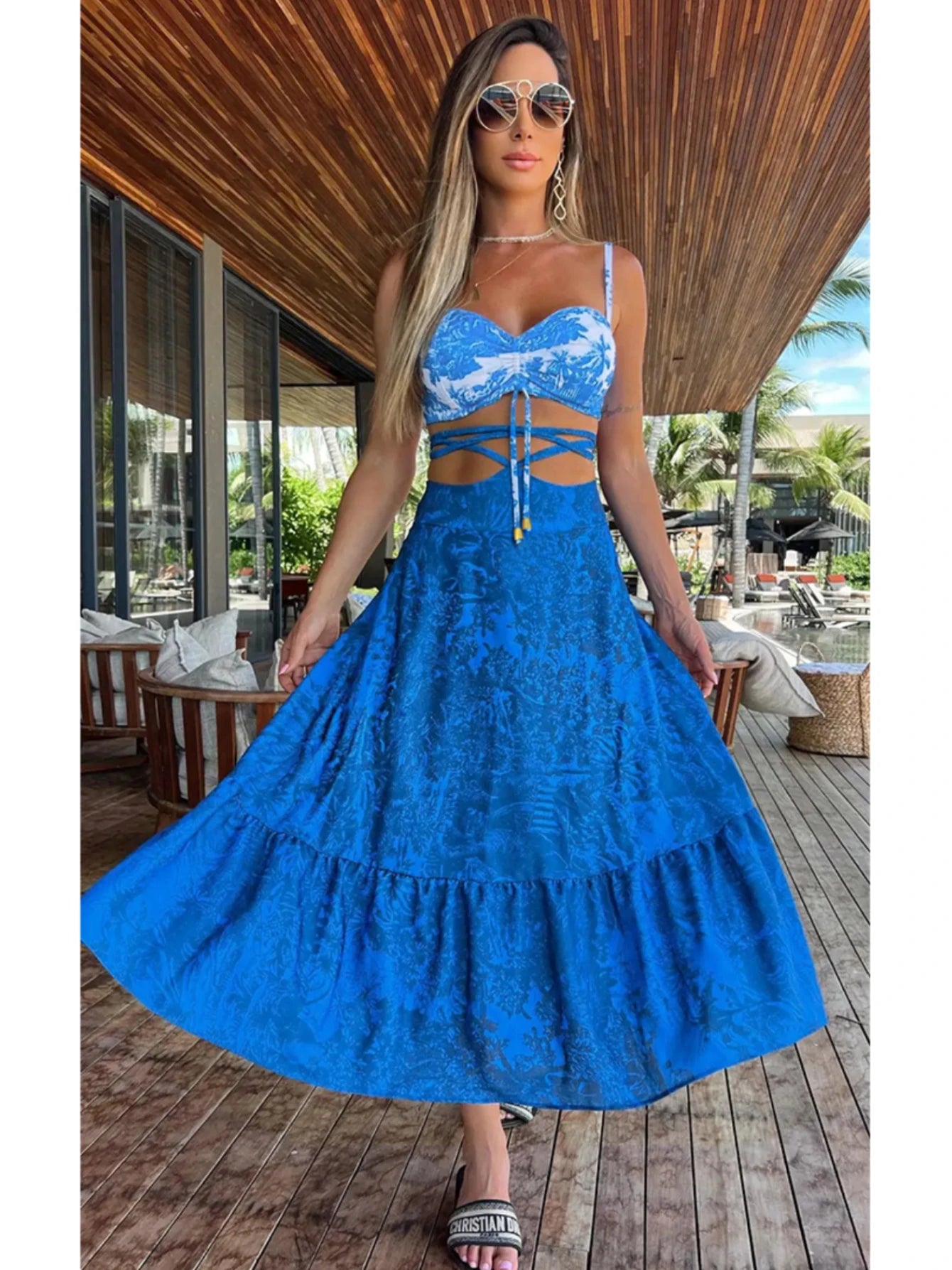 IMIEMIE 2024 Summer New 2/3 Pieces Skirt Sets Long Skirt With Top V-neck Women's Dress High Waist Split Dresses Beach Outing Sundress