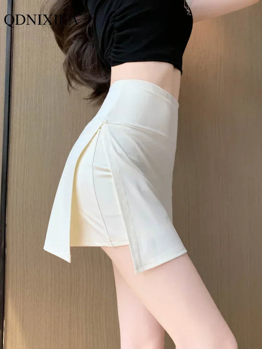 IMIEMIE 2024 Summer New Korean Style Women's Skirts Side Slit Hight Waist Sports A-line Yoga Skirts Shorts Elegant Hip Wrap Skirt Pants