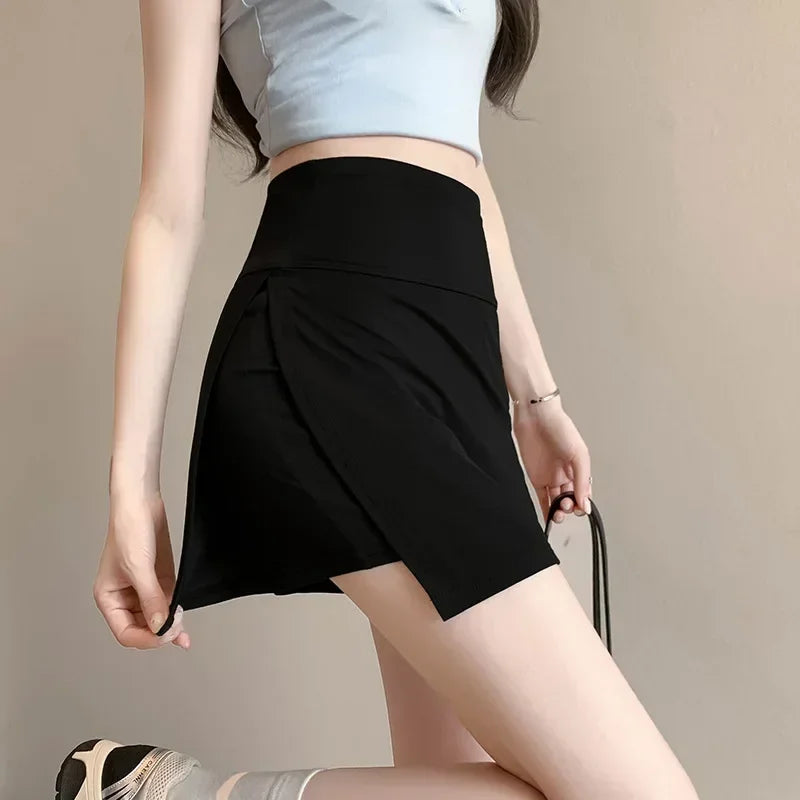 IMIEMIE 2024 Summer New Korean Style Women's Skirts Side Slit Hight Waist Sports A-line Yoga Skirts Shorts Elegant Hip Wrap Skirt Pants