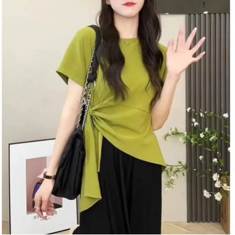 IMIEMIE 2024 Summer New Women's Fashion Versatile Crew Neck Leisure Waist Strap Slimming Short Sleeved T-shirt Straight Leg Pants Set