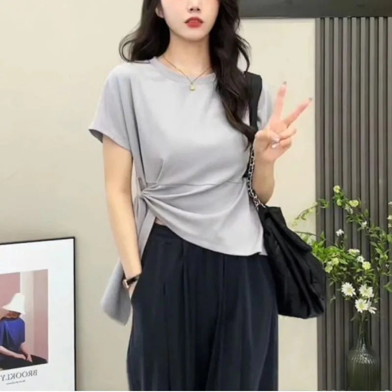 IMIEMIE 2024 Summer New Women's Fashion Versatile Crew Neck Leisure Waist Strap Slimming Short Sleeved T-shirt Straight Leg Pants Set