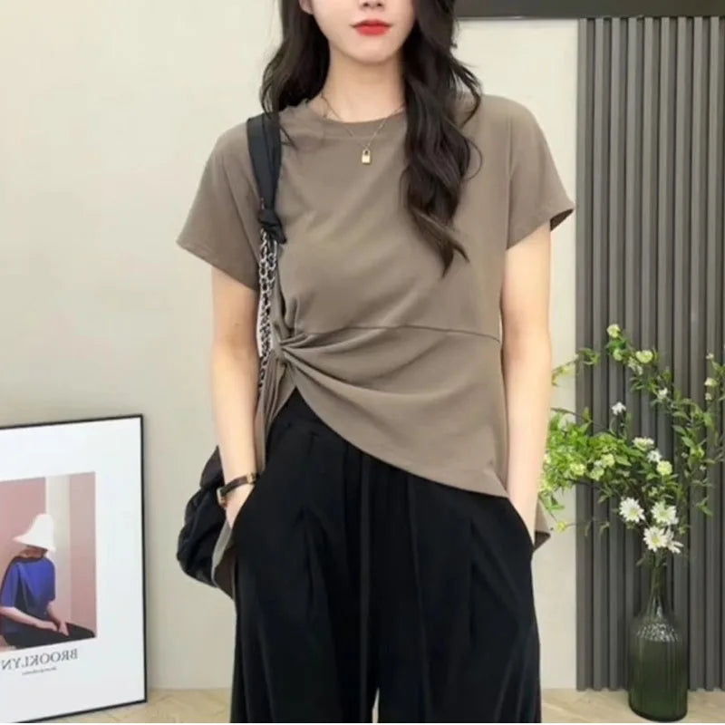 IMIEMIE 2024 Summer New Women's Fashion Versatile Crew Neck Leisure Waist Strap Slimming Short Sleeved T-shirt Straight Leg Pants Set