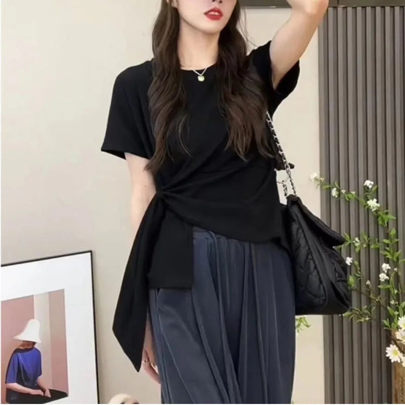 IMIEMIE 2024 Summer New Women's Fashion Versatile Crew Neck Leisure Waist Strap Slimming Short Sleeved T-shirt Straight Leg Pants Set