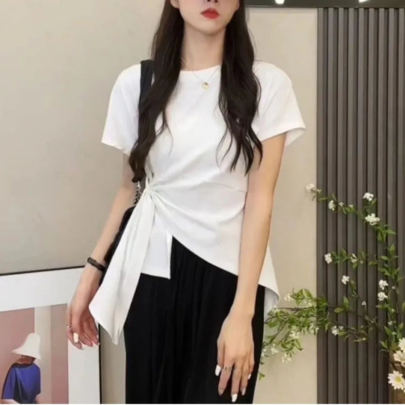 IMIEMIE 2024 Summer New Women's Fashion Versatile Crew Neck Leisure Waist Strap Slimming Short Sleeved T-shirt Straight Leg Pants Set