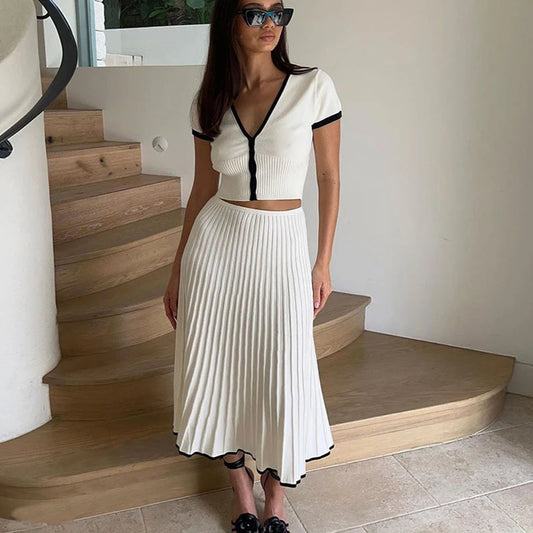 IMIEMIE 2024 Summer Women White long Skirt Suit Short Sleeve V-neck crop top pleated set elegant dress 2 piece skirt set Plus Size S-3XL