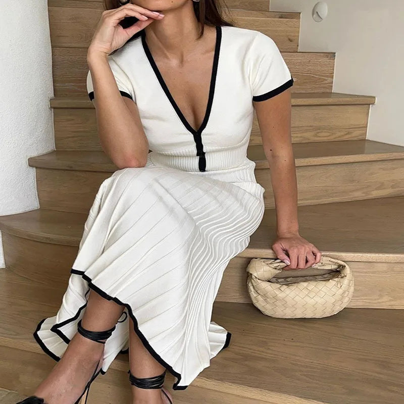 IMIEMIE 2024 Summer Women White long Skirt Suit Short Sleeve V-neck crop top pleated set elegant dress 2 piece skirt set Plus Size S-3XL