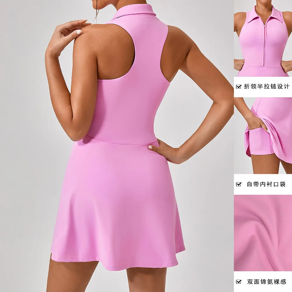 IMIEMIE 2024 Summer Women's Tennis Dress Fashion Golf Sports Dress Polo Collar Zipper Design Women's Yoga Running Fitness Skirts