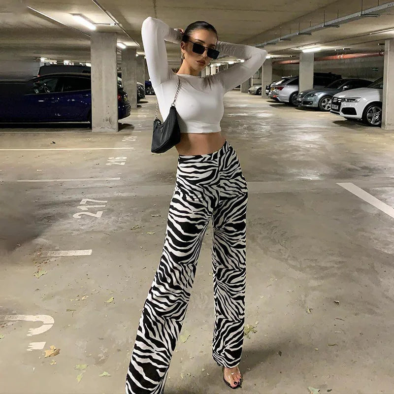 IMIEMIE 2024 Summer Zebra Print Wide Leg Pants Y2K Trousers Sexy High Waist Women New Fashion Casual Female Stripe Streetwear 16395