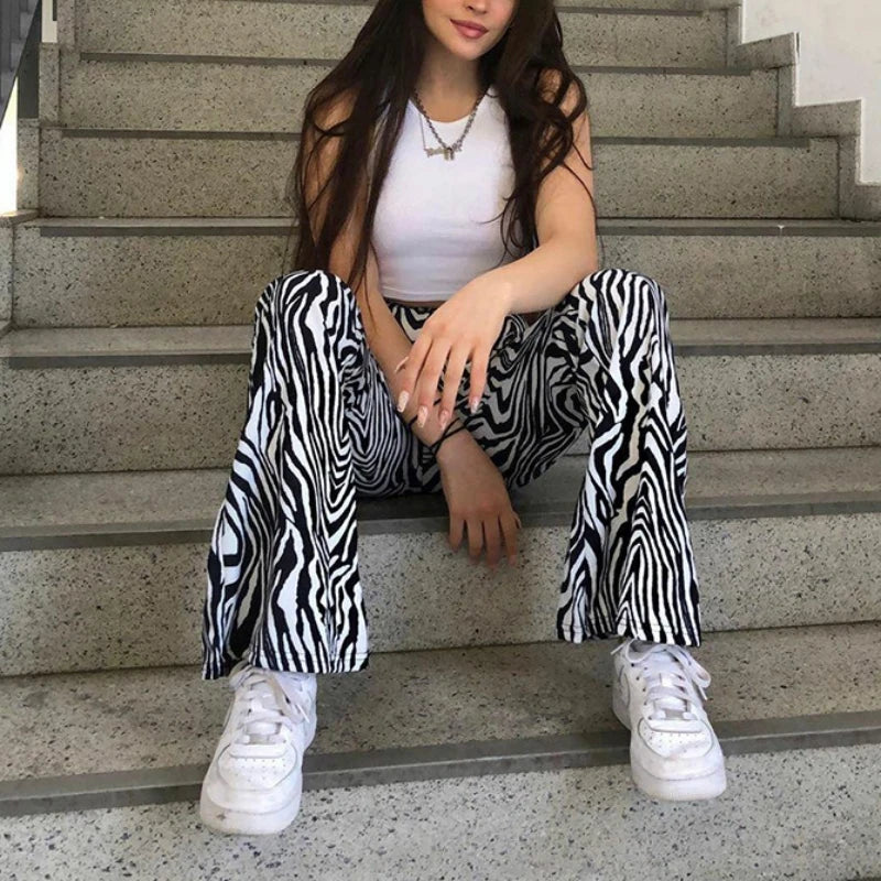 IMIEMIE 2024 Summer Zebra Print Wide Leg Pants Y2K Trousers Sexy High Waist Women New Fashion Casual Female Stripe Streetwear 16395