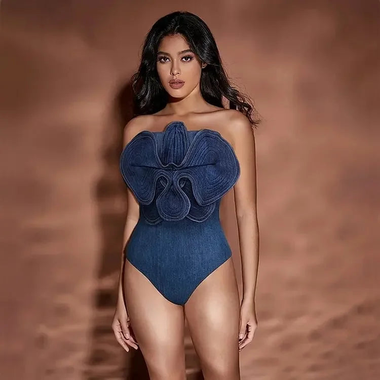 IMIEMIE 2024  Swimsuit set Off Shoulder 3D Flower denim printed One piece Bodysuit  Women Swimwear Beachwear Bikinis Bathing suit