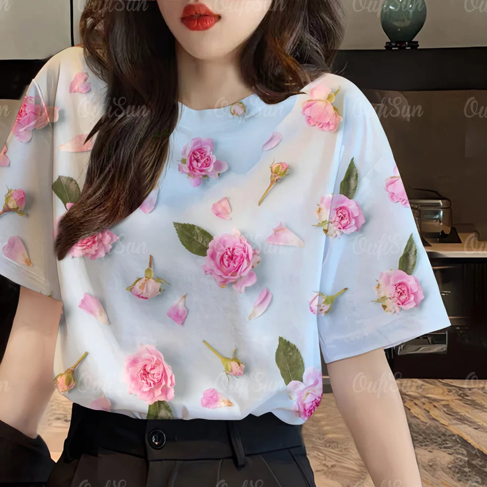 IMIEMIE 2024 Top Women Pink Floral Printed Women's T-Shirt Oversized T-Shirt Korean Popular Clothes Women Clothing Short Sleeve Blouse