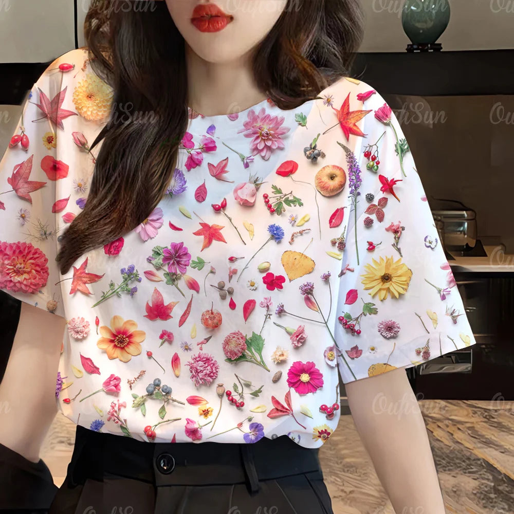 IMIEMIE 2024 Top Women Pink Floral Printed Women's T-Shirt Oversized T-Shirt Korean Popular Clothes Women Clothing Short Sleeve Blouse