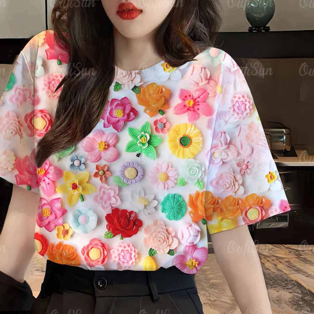 IMIEMIE 2024 Top Women Pink Floral Printed Women's T-Shirt Oversized T-Shirt Korean Popular Clothes Women Clothing Short Sleeve Blouse