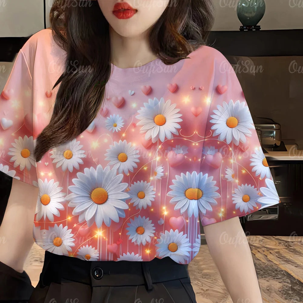 IMIEMIE 2024 Top Women Pink Floral Printed Women's T-Shirt Oversized T-Shirt Korean Popular Clothes Women Clothing Short Sleeve Blouse