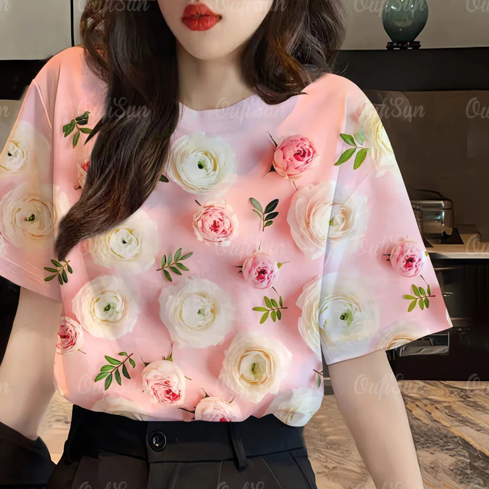 IMIEMIE 2024 Top Women Pink Floral Printed Women's T-Shirt Oversized T-Shirt Korean Popular Clothes Women Clothing Short Sleeve Blouse