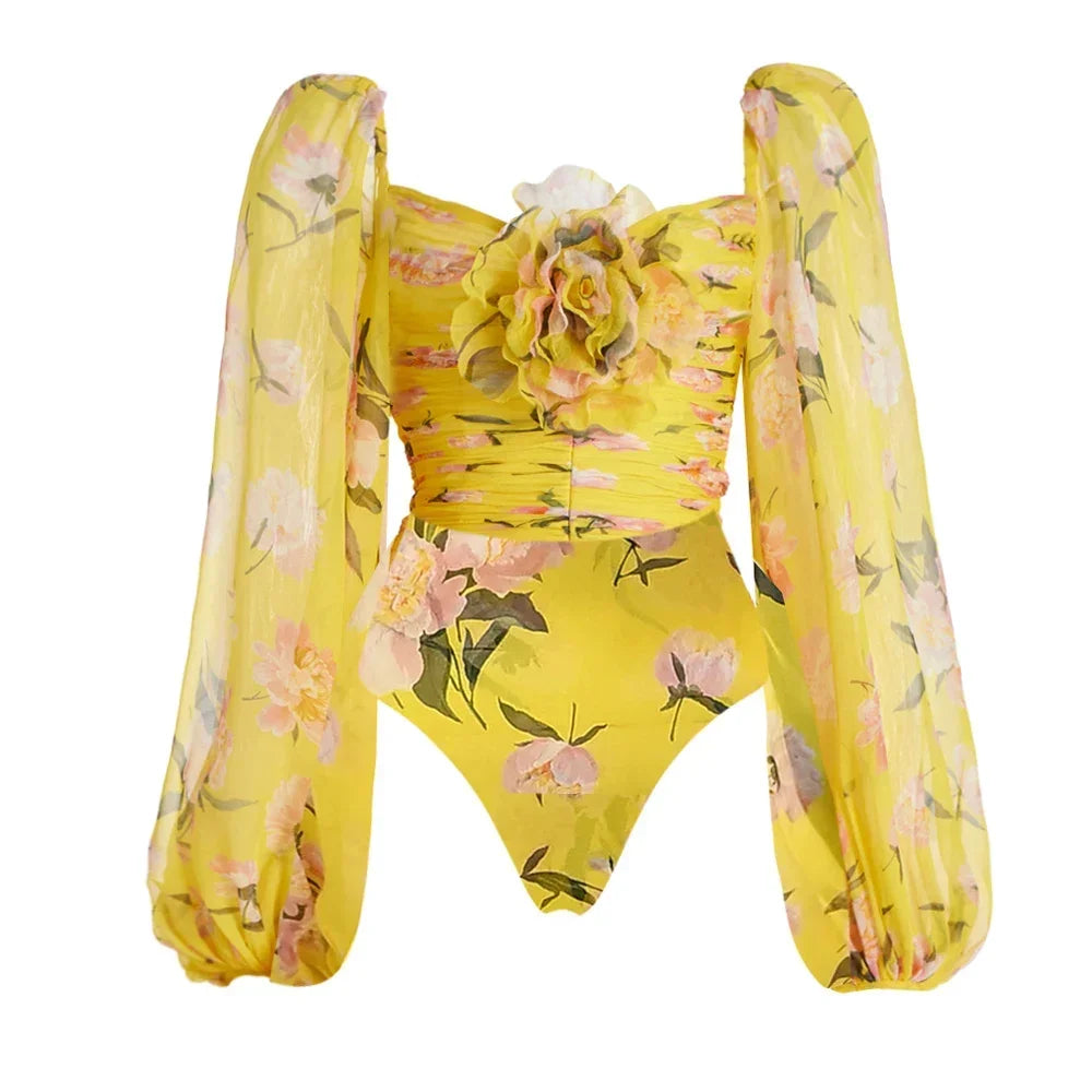 IMIEMIE 2024 Women 3D Flower Shirring Printed Chiffon Long Sleeves One Piece Swimsuit and Skirt Set