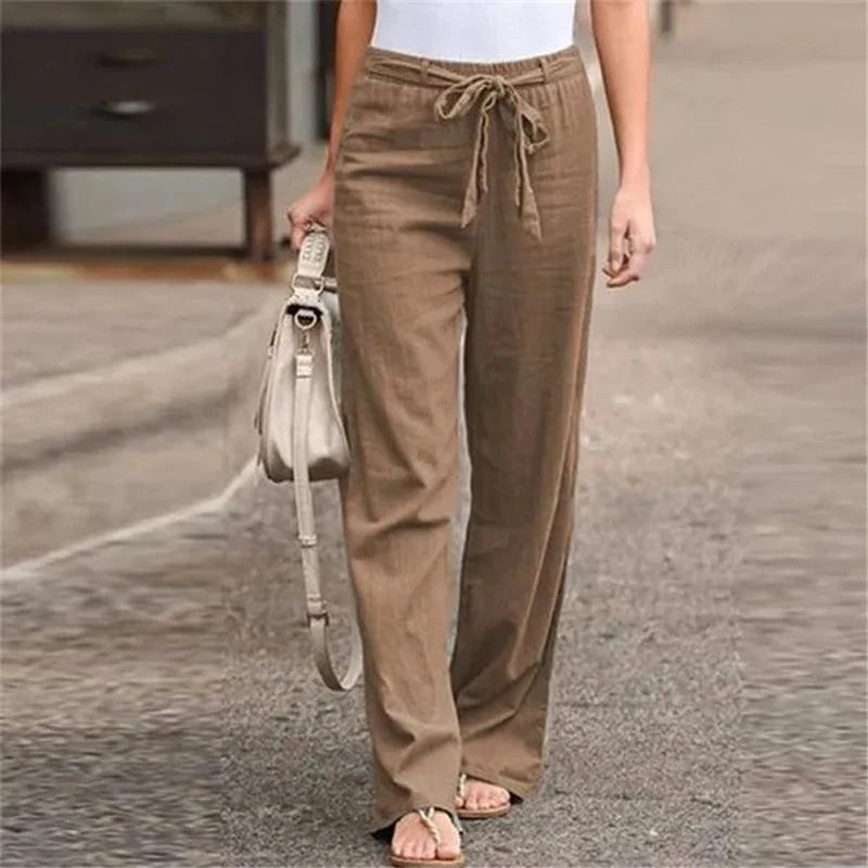 IMIEMIE 2024 Women Cotton Linen Pants Summer Fashion Elastic Waist Loose Straight Pants Female Casual Solid Color Ankle-length Trousers