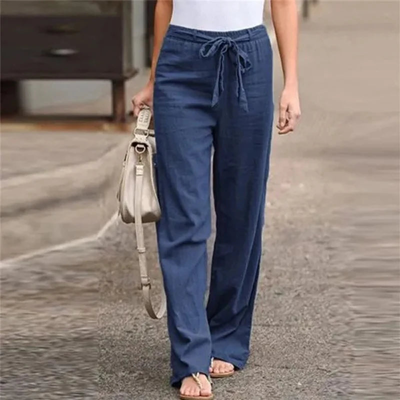 IMIEMIE 2024 Women Cotton Linen Pants Summer Fashion Elastic Waist Loose Straight Pants Female Casual Solid Color Ankle-length Trousers