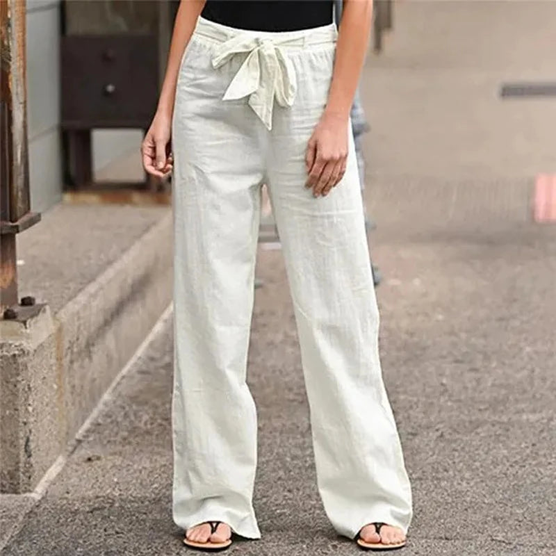 IMIEMIE 2024 Women Cotton Linen Pants Summer Fashion Elastic Waist Loose Straight Pants Female Casual Solid Color Ankle-length Trousers