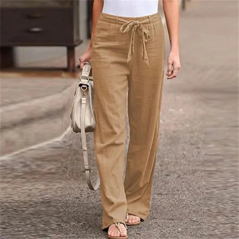 IMIEMIE 2024 Women Cotton Linen Pants Summer Fashion Elastic Waist Loose Straight Pants Female Casual Solid Color Ankle-length Trousers