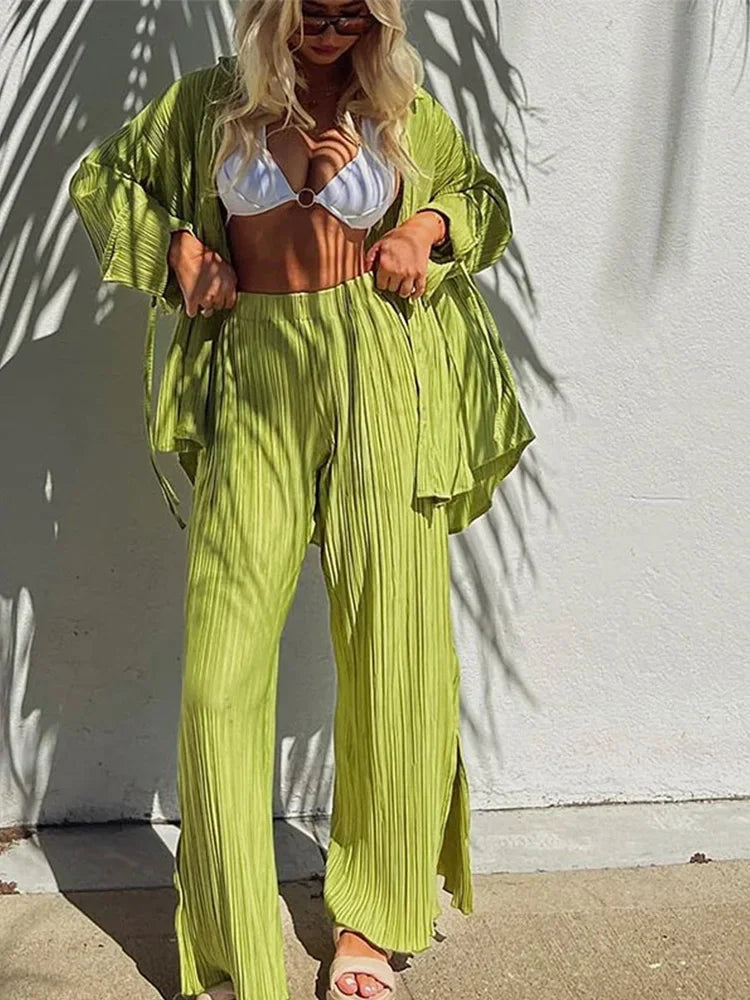 IMIEMIE 2024 Women Pleated 2 Piece Sets Long Sleeve Blouse Tops And Split Wide Leg Pant Suit Female Fashion Casual Loose Homewear Outfit