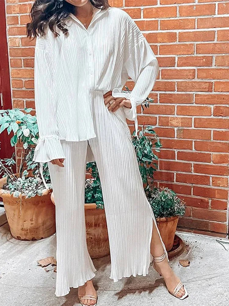 IMIEMIE 2024 Women Pleated 2 Piece Sets Long Sleeve Blouse Tops And Split Wide Leg Pant Suit Female Fashion Casual Loose Homewear Outfit