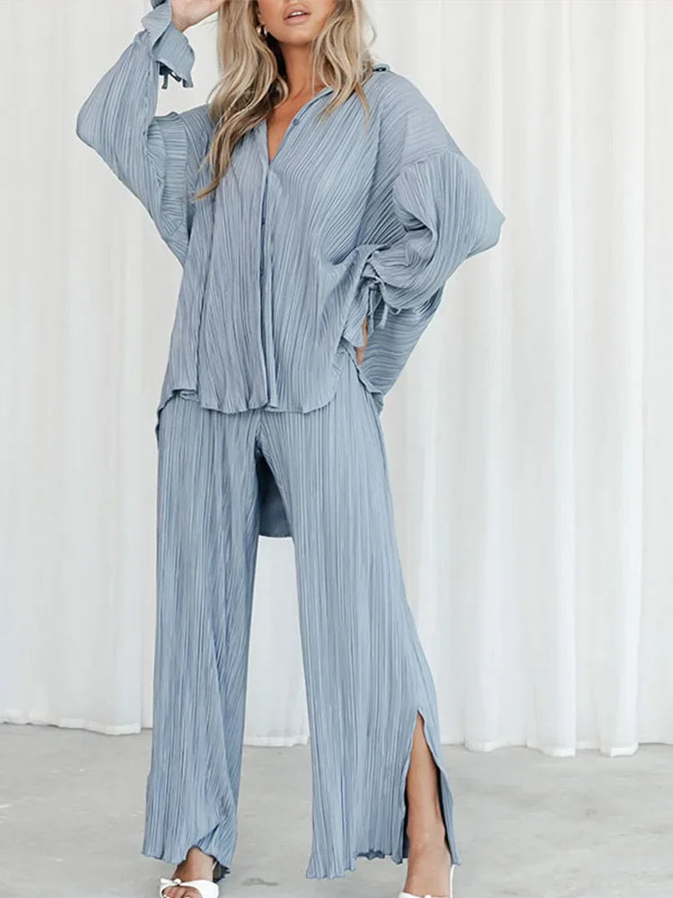 IMIEMIE 2024 Women Pleated 2 Piece Sets Long Sleeve Blouse Tops And Split Wide Leg Pant Suit Female Fashion Casual Loose Homewear Outfit