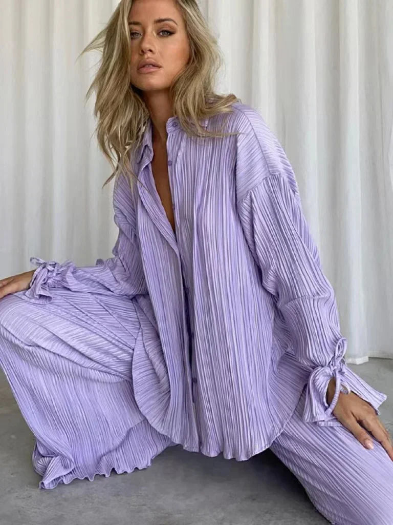 IMIEMIE 2024 Women Pleated 2 Piece Sets Long Sleeve Blouse Tops And Split Wide Leg Pant Suit Female Fashion Casual Loose Homewear Outfit