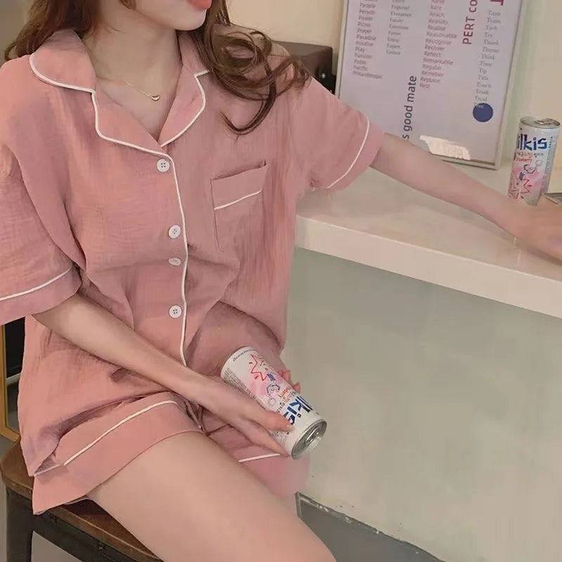 IMIEMIE 2024 Women's Pajamas New Summer Short Sleeve Soft Sleepwear Set Grid Cartoon Printed Pyjama Woman Home Nightwear Set Cardigan