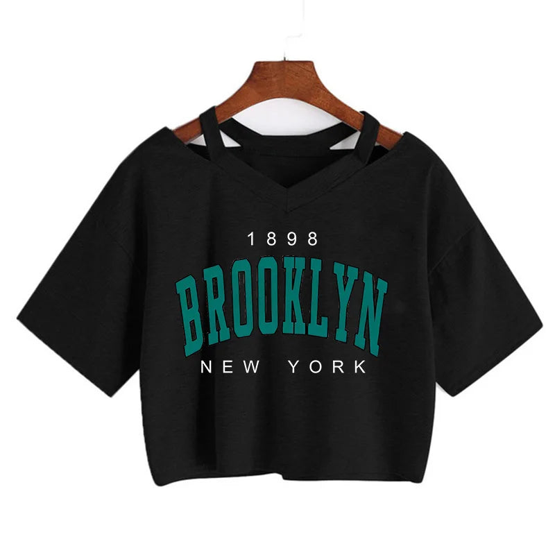 IMIEMIE 2024 Y2k Brooklyn Letter Print Women T Shirt Harajuku Ullzang T Shirt Funny Graphic T-shirt Korean Style Casual Crop Tops Female