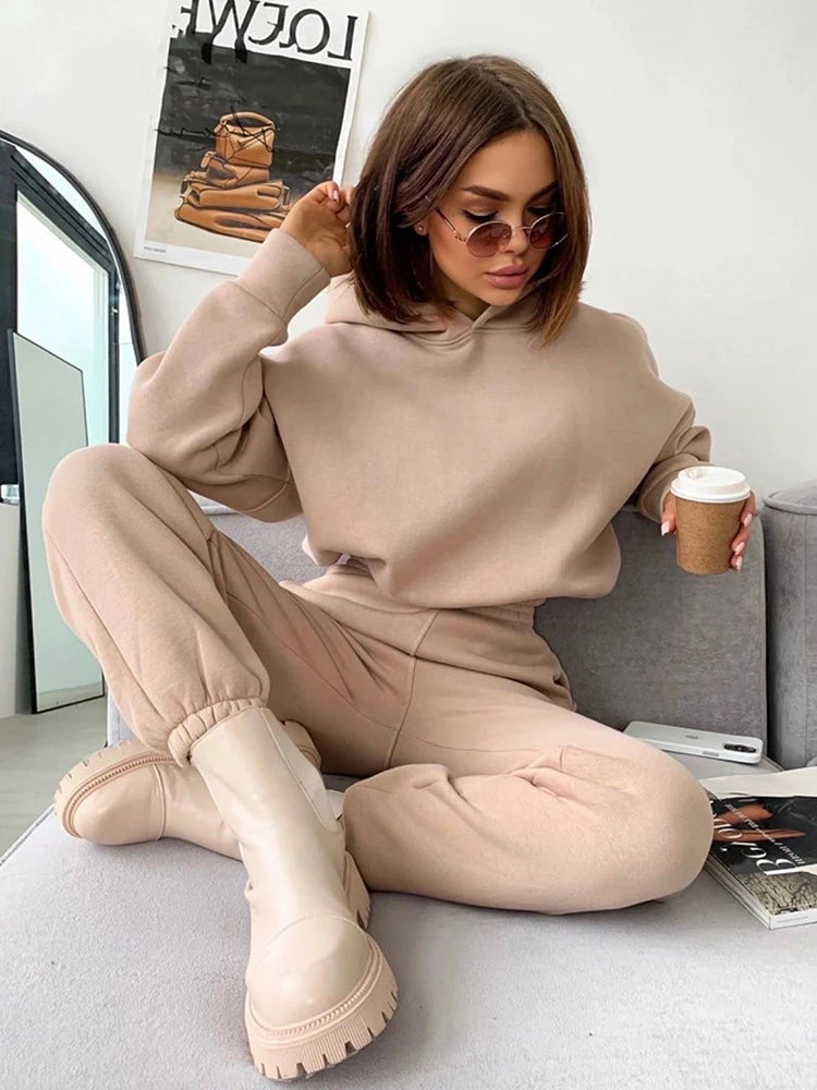 IMIEMIE 2024 autumn new women's leisure suit solid color long sleeved loose hoodie sports trouser Female winter fashion two piece set