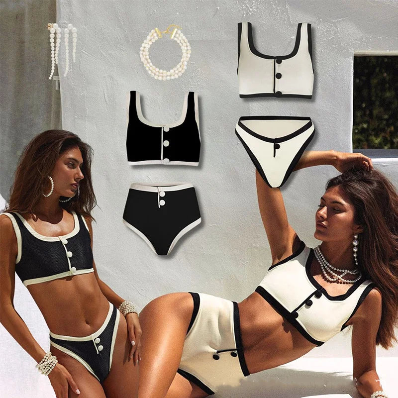 IMIEMIE 2024 new European and American black and white simple ins wind high sense split swimsuit female small fragrance wind than base.