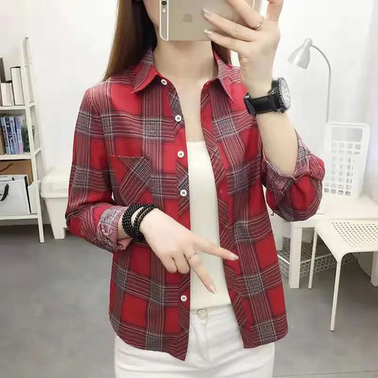 IMIEMIE 2024Spring and Autumn New College Style Women's Long sleeved Bottom Top Cardigan Long sleeved Fashion Plaid Shirt