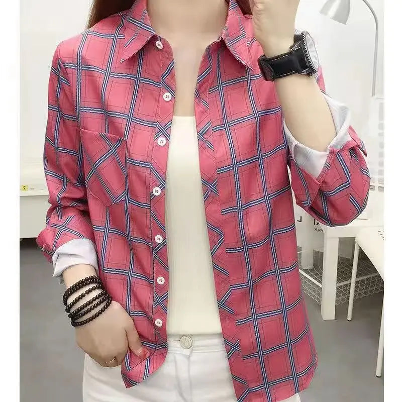 IMIEMIE 2024Spring and Autumn New College Style Women's Long sleeved Bottom Top Cardigan Long sleeved Fashion Plaid Shirt